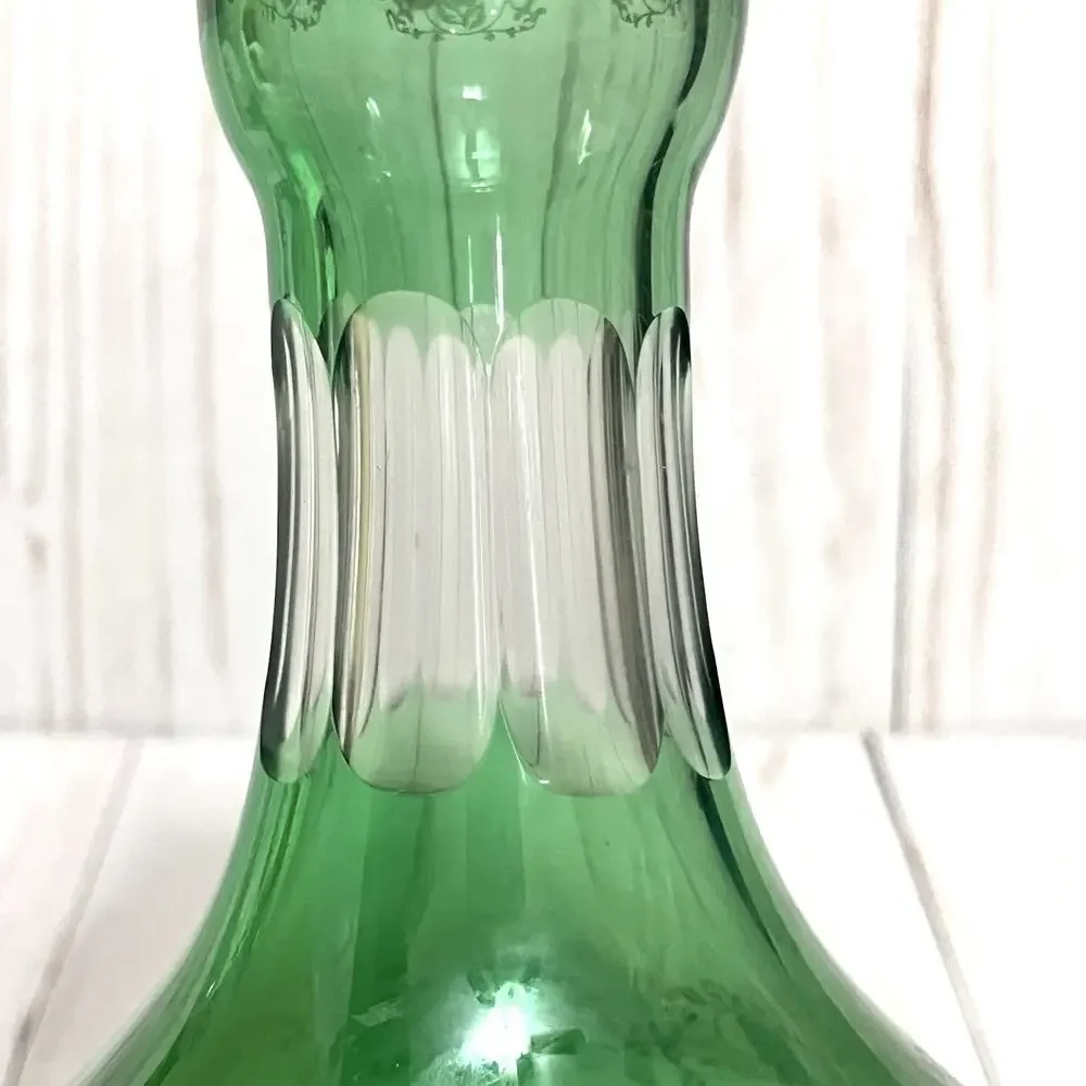 VTG Emerald Green Victorian Baroque Style Romantic Rose Enamel Glass Decanter